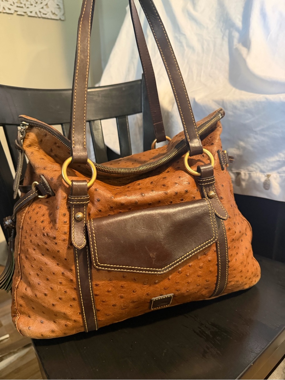 Brown Two-Tone Women's Leather Tote Bag - Stylish Ostrich-Textured Design